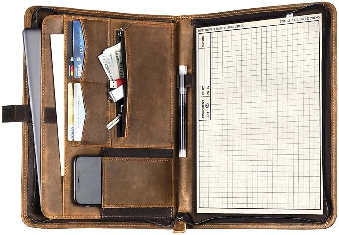 Carpetene Genuine Leather Portfolio, Professional Padfolio Binder Organizer with Zipper, Stylish Brown Cowhide Padfolio for Men Women, Leather Folio Folder for Business, Legal A4/Pad Holder Compatible - Product Image