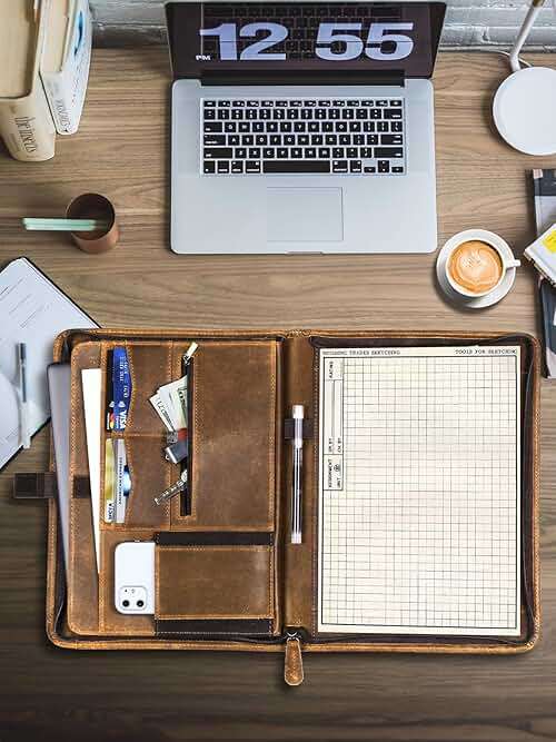 Carpetene Genuine Leather Portfolio, Professional Padfolio Binder Organizer with Zipper, Stylish Brown Cowhide Padfolio for Men Women, Leather Folio Folder for Business, Legal A4/Pad Holder Compatible - Image 2