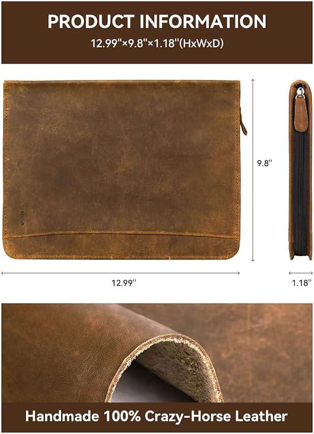 Carpetene Genuine Leather Portfolio, Professional Padfolio Binder Organizer with Zipper, Stylish Brown Cowhide Padfolio for Men Women, Leather Folio Folder for Business, Legal A4/Pad Holder Compatible - Image 3