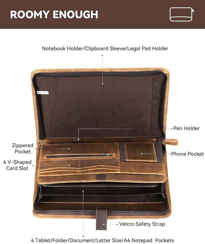 Carpetene Genuine Leather Portfolio, Professional Padfolio Binder Organizer with Zipper, Stylish Brown Cowhide Padfolio for Men Women, Leather Folio Folder for Business, Legal A4/Pad Holder Compatible - Image 4