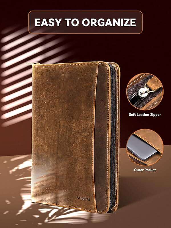 Carpetene Genuine Leather Portfolio, Professional Padfolio Binder Organizer with Zipper, Stylish Brown Cowhide Padfolio for Men Women, Leather Folio Folder for Business, Legal A4/Pad Holder Compatible - Image 5
