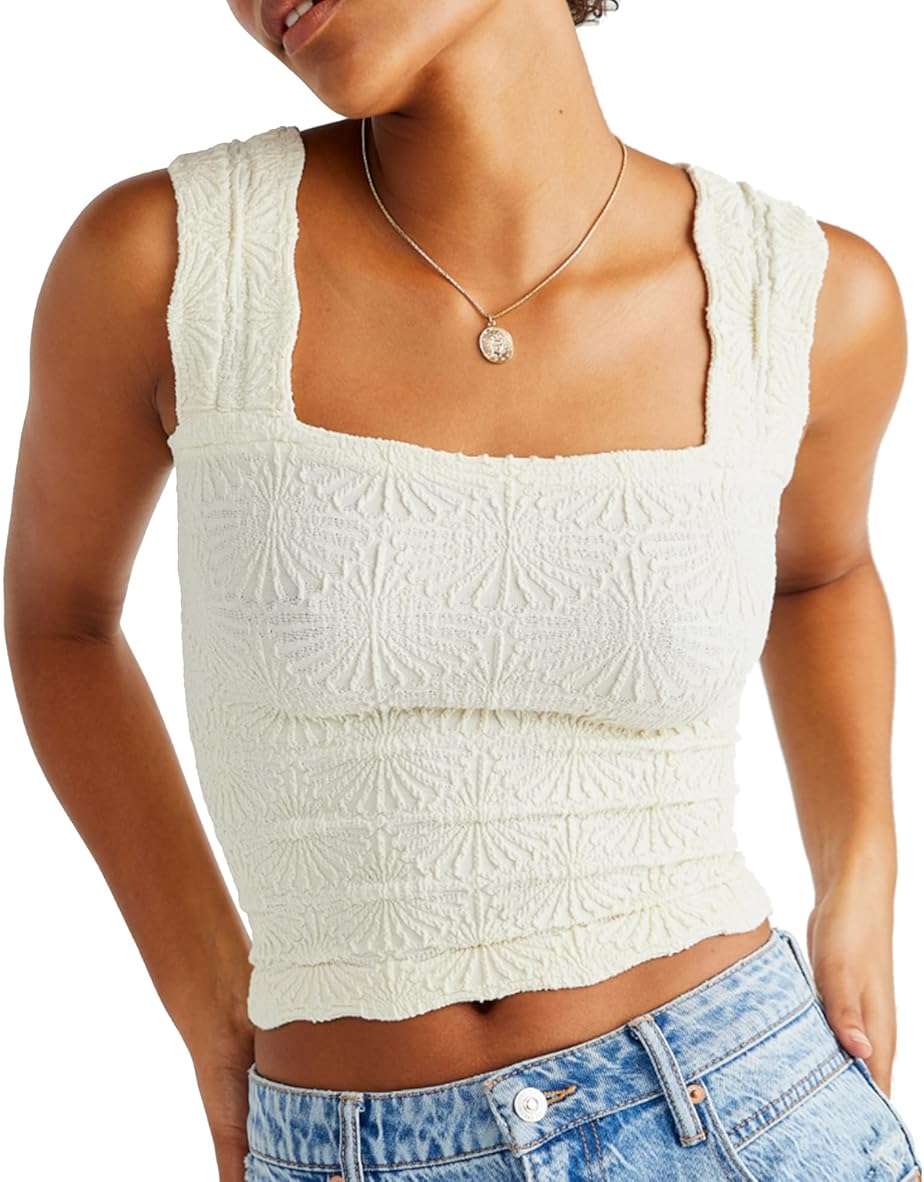 Women's Square Neck Wide Strap Crop Tank Tops Flower Going Out Tops Slim Fit Lettuce Trim Crop Cami Tops - Image 1
