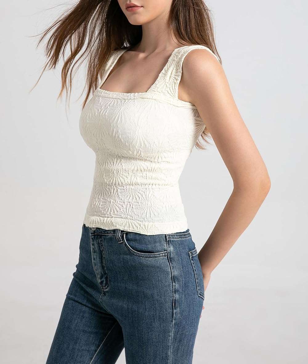 Women's Square Neck Wide Strap Crop Tank Tops Flower Going Out Tops Slim Fit Lettuce Trim Crop Cami Tops - Image 5