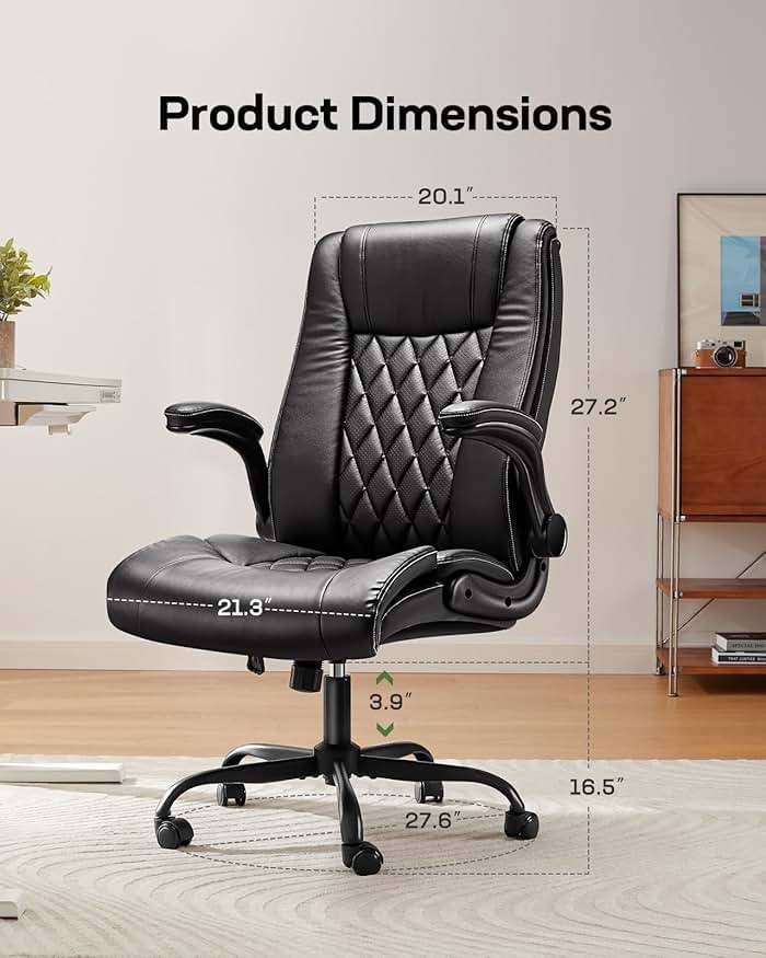 Marsail Executive Office Chair with Flip-up Armrests,PU Leather Ergonomic Desk Chair Height-Adjustable Swivel Rolling Computer Desk Chair,Black - Image 2