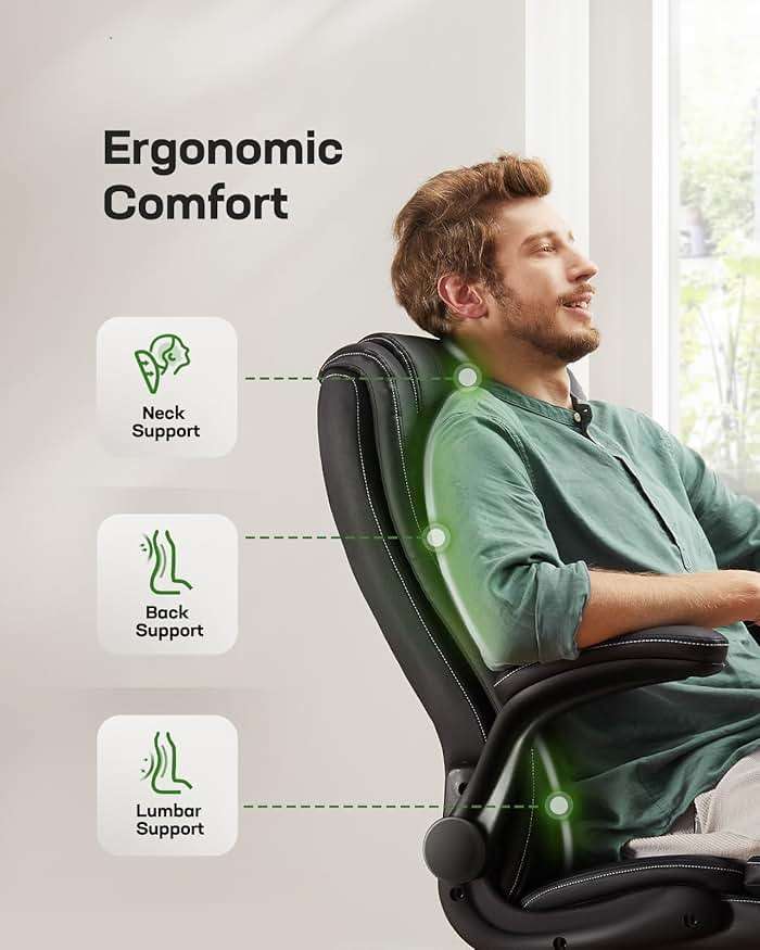 Marsail Executive Office Chair with Flip-up Armrests,PU Leather Ergonomic Desk Chair Height-Adjustable Swivel Rolling Computer Desk Chair,Black - Image 4