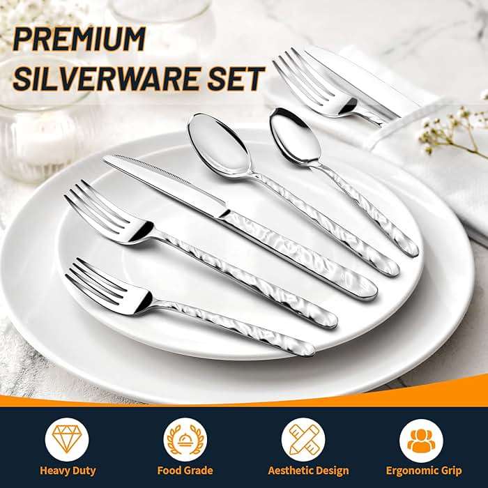 NICE KITCHEN Silverware Set, 40 Piece Premium Stainless Steel Flatware Set for 8, Heavy Duty Silverware Cutlery Sets with Wavy Patterns, Spoons and Forks Set, Mirror Polished, Dishwasher Safe - Image 4