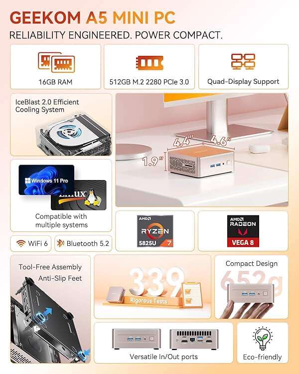 GEEKOM A5 Mini PC for Home Office & Coding, AMD Ryzen 7 5825U, 3-Year Coverage, 16GB RAM (Upgradable) & 512GB M.2 NVMe SSD, Windows 11 Pro Desktop Computer, SD Slot, 8K, Dual HDMI | Wi-Fi 6, BT 5.2 - Image 2