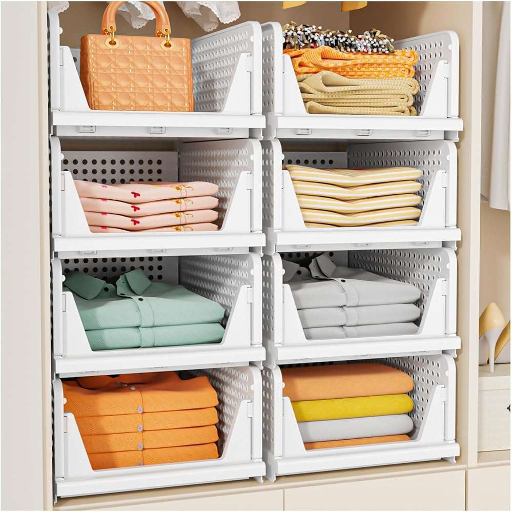 SNSLXH 5 Pack Stackable Closet Storage Basket, Multifunctional & Foldable Closet Organizer for Bathroom Kitchen Laundry Room Wardrobe Storage, Space-Saving Clothes Storage Drawer Organizer, White - Image 1