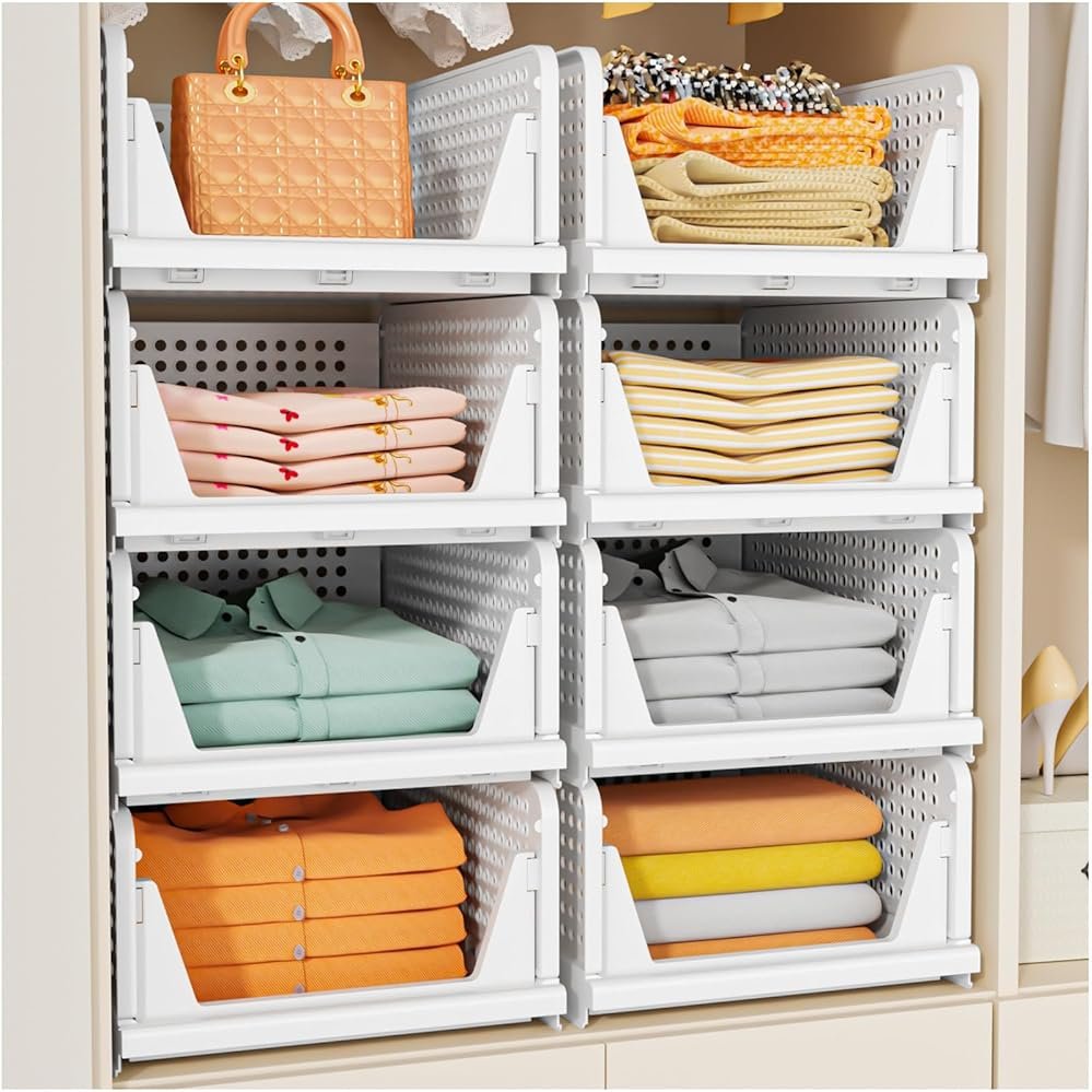 SNSLXH 5 Pack Stackable Closet Storage Basket, Multifunctional & Foldable Closet Organizer for Bathroom Kitchen Laundry Room Wardrobe Storage, Space-Saving Clothes Storage Drawer Organizer, White - Product Image
