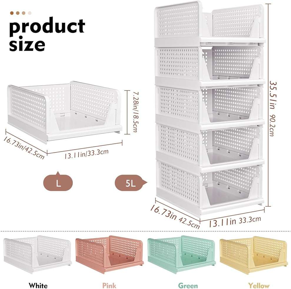 SNSLXH 5 Pack Stackable Closet Storage Basket, Multifunctional & Foldable Closet Organizer for Bathroom Kitchen Laundry Room Wardrobe Storage, Space-Saving Clothes Storage Drawer Organizer, White - Image 2