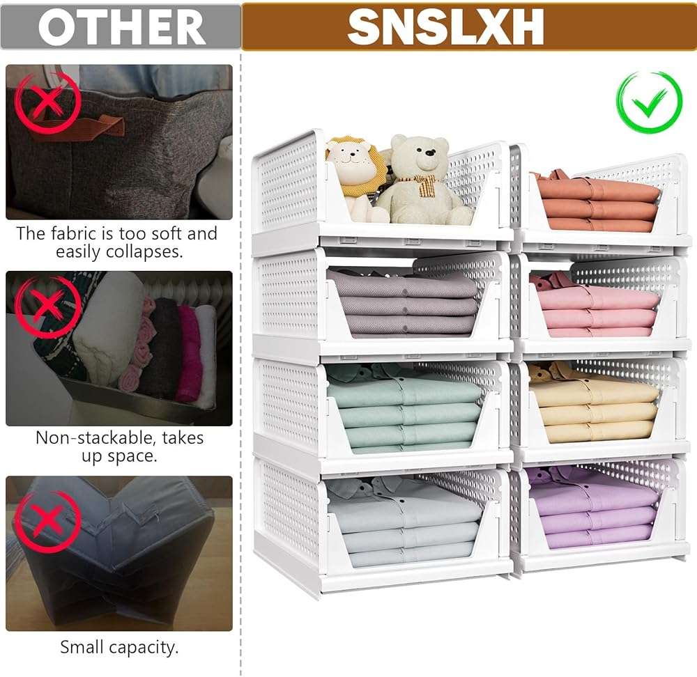 SNSLXH 5 Pack Stackable Closet Storage Basket, Multifunctional & Foldable Closet Organizer for Bathroom Kitchen Laundry Room Wardrobe Storage, Space-Saving Clothes Storage Drawer Organizer, White - Image 3