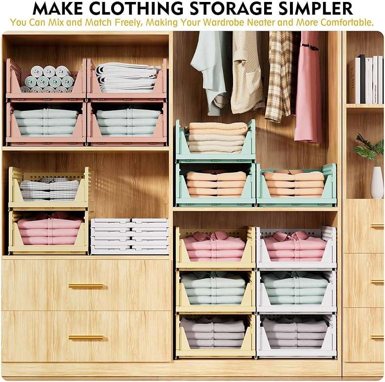 SNSLXH 5 Pack Stackable Closet Storage Basket, Multifunctional & Foldable Closet Organizer for Bathroom Kitchen Laundry Room Wardrobe Storage, Space-Saving Clothes Storage Drawer Organizer, White - Image 4