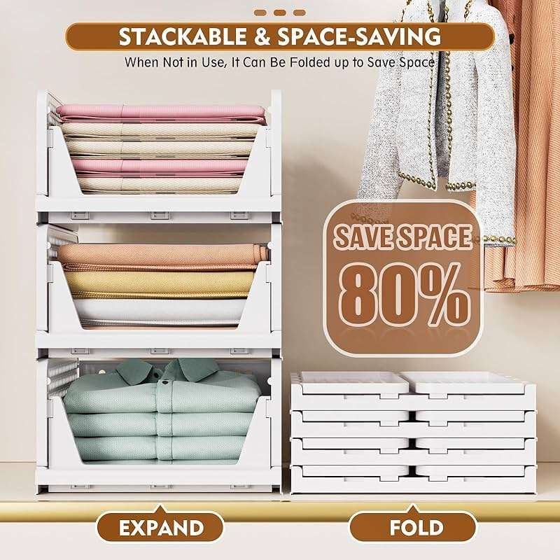 SNSLXH 5 Pack Stackable Closet Storage Basket, Multifunctional & Foldable Closet Organizer for Bathroom Kitchen Laundry Room Wardrobe Storage, Space-Saving Clothes Storage Drawer Organizer, White - Image 5