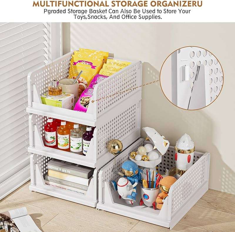SNSLXH 5 Pack Stackable Closet Storage Basket, Multifunctional & Foldable Closet Organizer for Bathroom Kitchen Laundry Room Wardrobe Storage, Space-Saving Clothes Storage Drawer Organizer, White - Image 7