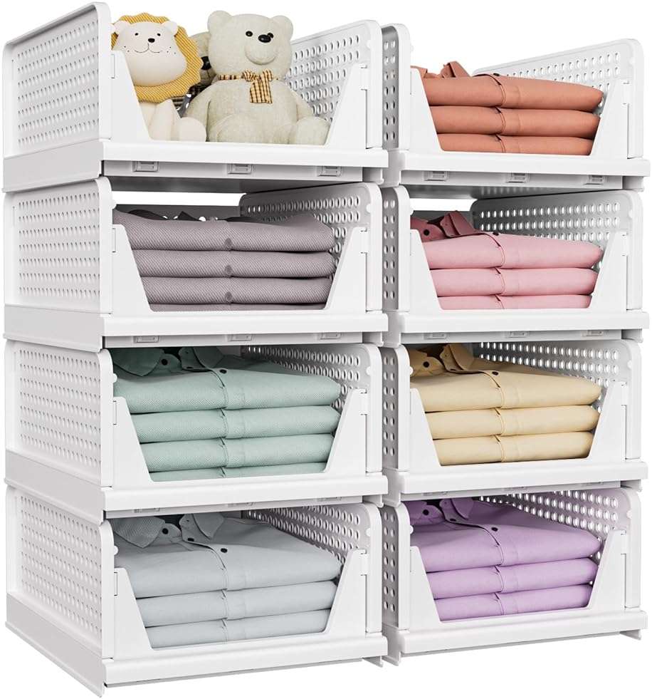 SNSLXH 5 Pack Stackable Closet Storage Basket, Multifunctional & Foldable Closet Organizer for Bathroom Kitchen Laundry Room Wardrobe Storage, Space-Saving Clothes Storage Drawer Organizer, White - Image 9