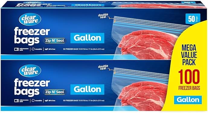 Gallon Freezer Bags, Double Zipper Seal - 100 Count, Thick Resealable Plastic storage Bags - Reusable Gallon Storage Bags for Food Storage, Meat, Vegetables, Fruit - Microwave-Safe, Zero BPA - 2 Boxes - Product Image