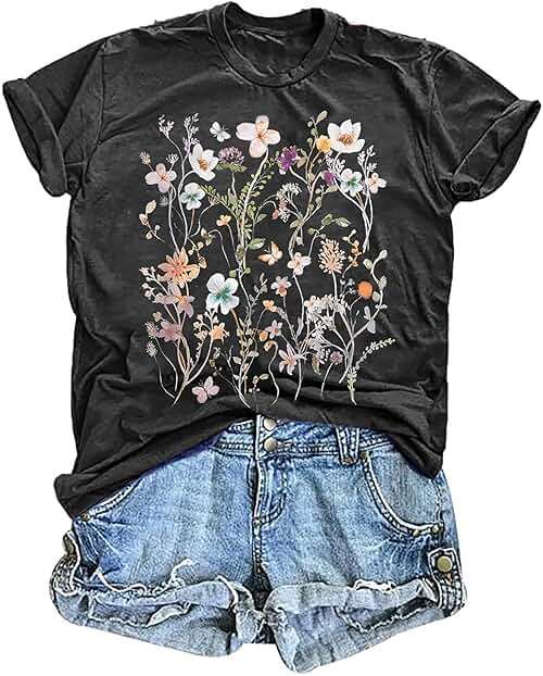 Women's Vintage Floral T Shirt Boho Wildflower Graphic Loose Tees Short Sleeve Casual Tops - Image 1