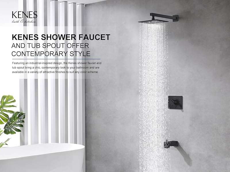 KENES Matte Black Tub Shower Faucet Set Complete with 10-Inch Rainfall Shower Head and Tub Spout, Square Tub and Shower Trim Kit, KE-6024A-2 (Shower Valve Included) - Image 2