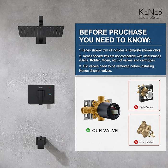 KENES Matte Black Tub Shower Faucet Set Complete with 10-Inch Rainfall Shower Head and Tub Spout, Square Tub and Shower Trim Kit, KE-6024A-2 (Shower Valve Included) - Image 3
