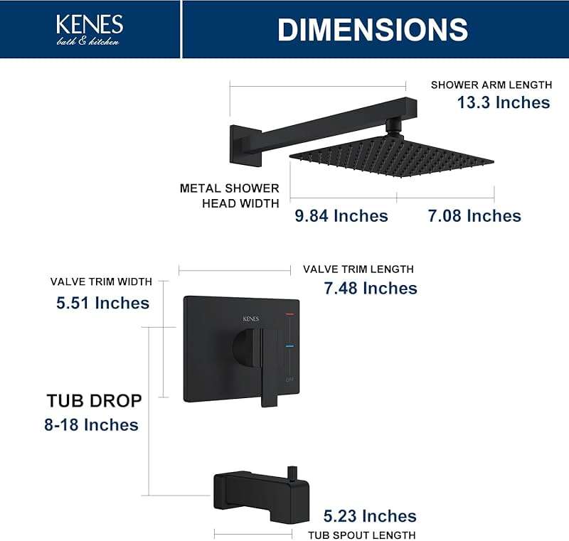 KENES Matte Black Tub Shower Faucet Set Complete with 10-Inch Rainfall Shower Head and Tub Spout, Square Tub and Shower Trim Kit, KE-6024A-2 (Shower Valve Included) - Image 6