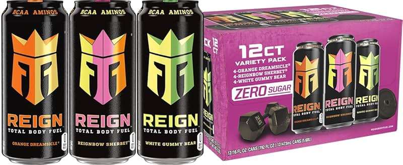 REIGN Total Body Fuel Variety Pack, Orange Dreamsicle, Reignbow Sherbet, White Gummy Bear, Fitness & Performance Drink, 16 Fl Oz (Pack of 12) - Image 1