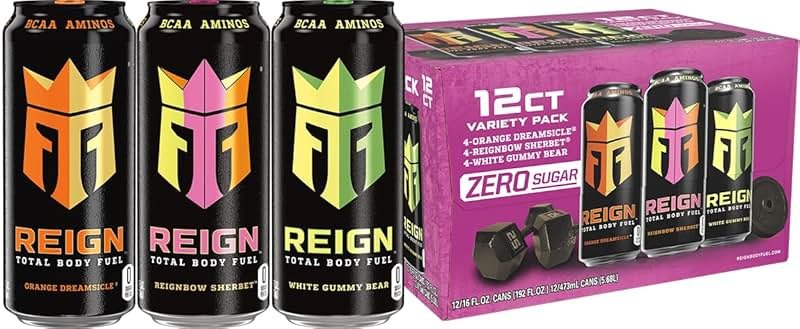REIGN Total Body Fuel Variety Pack, Orange Dreamsicle, Reignbow Sherbet, White Gummy Bear, Fitness & Performance Drink, 16 Fl Oz (Pack of 12) - Product Image