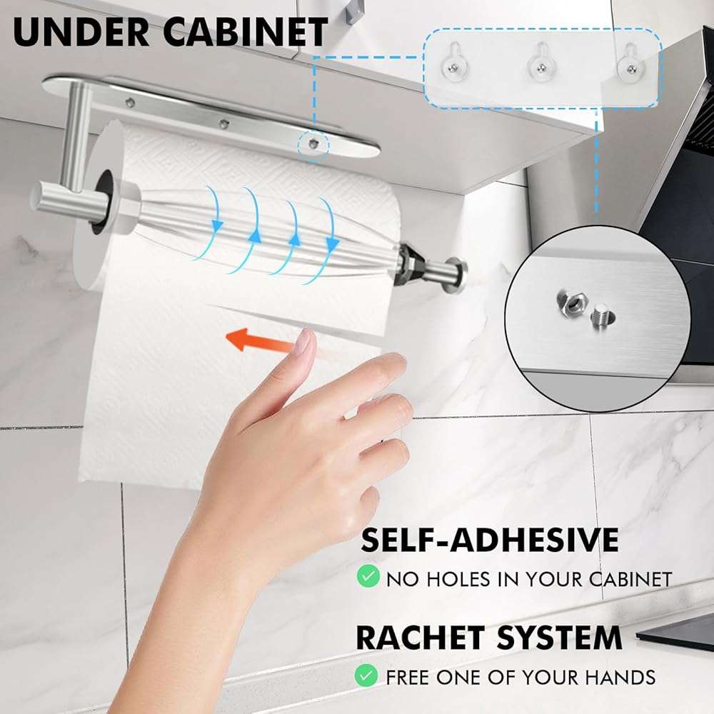 KIHOGEM Magnetic Paper Towel Holder, One Hand Operable Paper Towel Holder Wall Mount with Strong Magnetic Backing and Self-Adhesive for Kitchen Refrigerator RVs Grill Garage(Silver) - Image 4