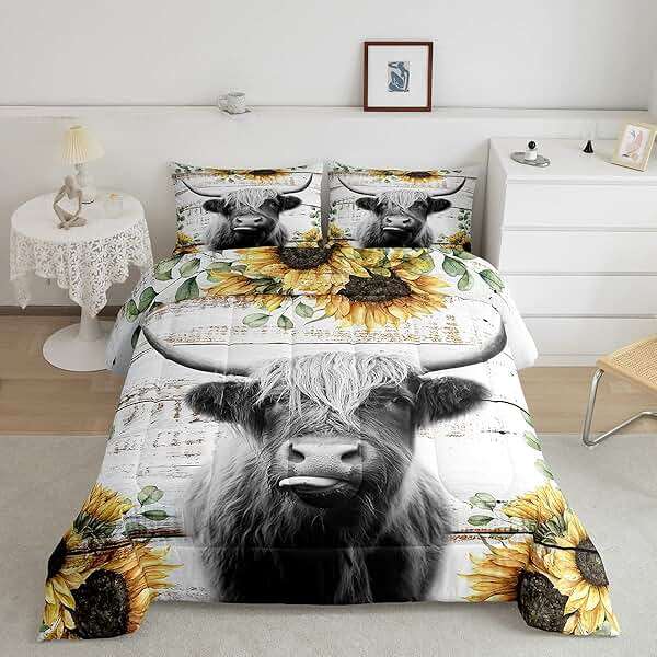Highland Cattle Cow Bedding Set King for Boys Girls Sunflower Comforter Set Women Teens Kids Wild Animal Western Farmhouse Highland Cow Quilted Duvet Nature Flower Board Decor Down Comforter - Image 1