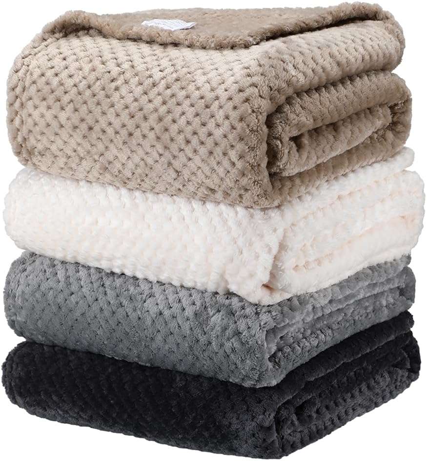 Newwiee 4 Pcs Flanne Fleece Throw Blanket for Bed Couch Large 3D Waffle Textured Soft Blanket Winter Warm Lightweight No Shedding No Pilling Decorative Throw, 50x60 Inch(Neutral Color) - Image 1