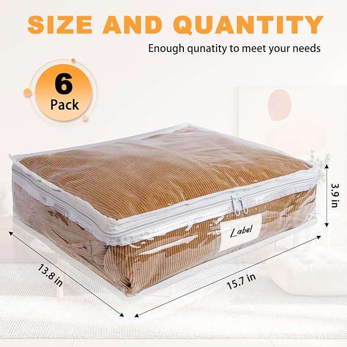 Heonay Clear Zippered Storage Bags Plastic Sweater Storage Bags with Zipper 6 Packs Clothing Organizer for Blankets Linen Sweater Bed Sheet Quilt Clothes Pillow (15.7 x 13.8 x 3.9 Inch) - Image 3