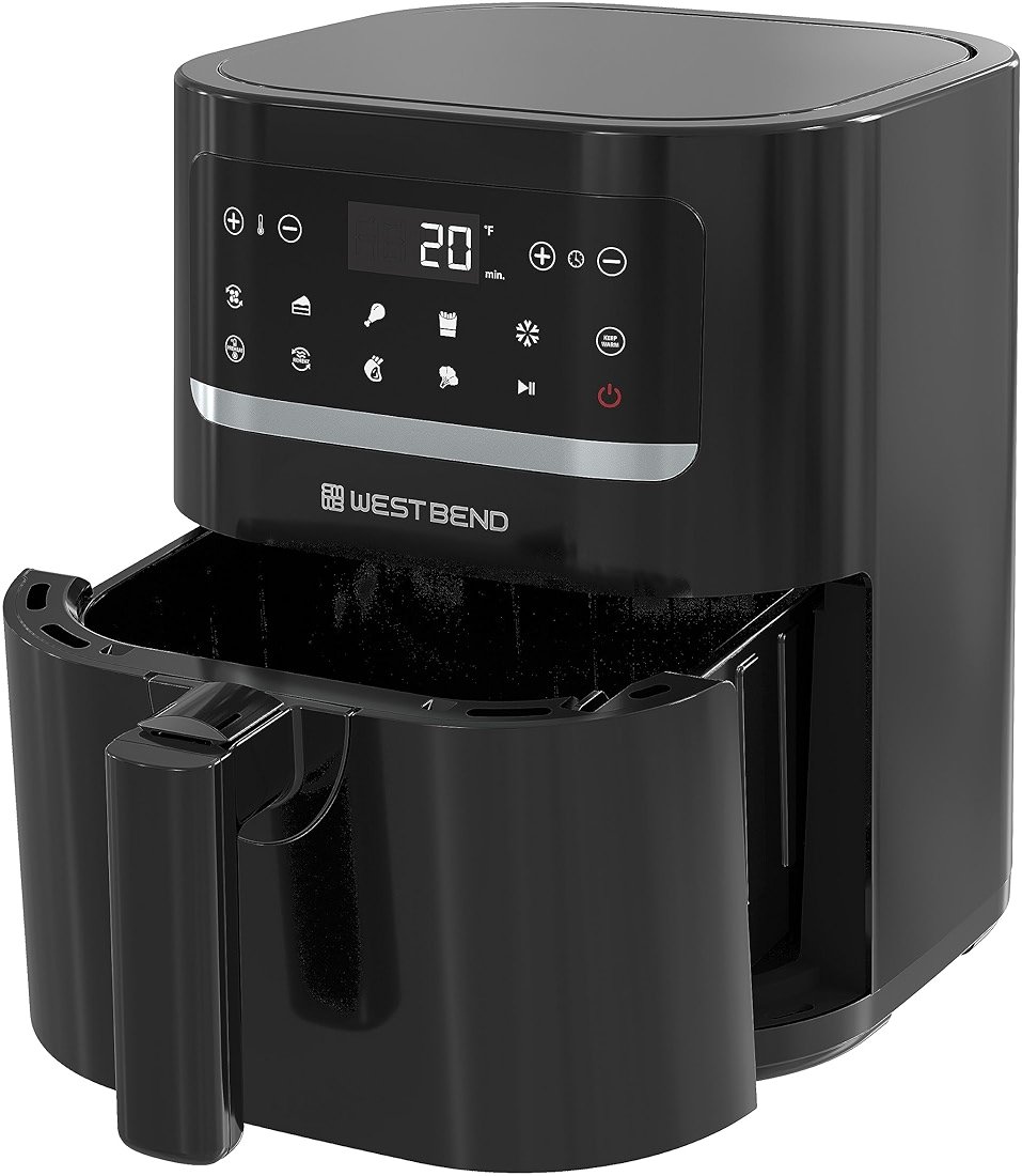 West Bend Compact Air Fryer 5-Quart Capacity with Digital Controls LCD Display and 10 Cooking Presets with Shake Reminder, Nonstick Frying Basket, 1500-Watts, Black - Product Image
