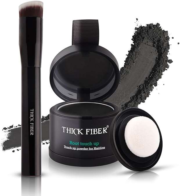 THICK FIBER Root Touch Up Powder - Water & Sweat Resistant Hair Loss Concealer Set for Thinning Hair Women, Includes Brush (Black) - Image 1