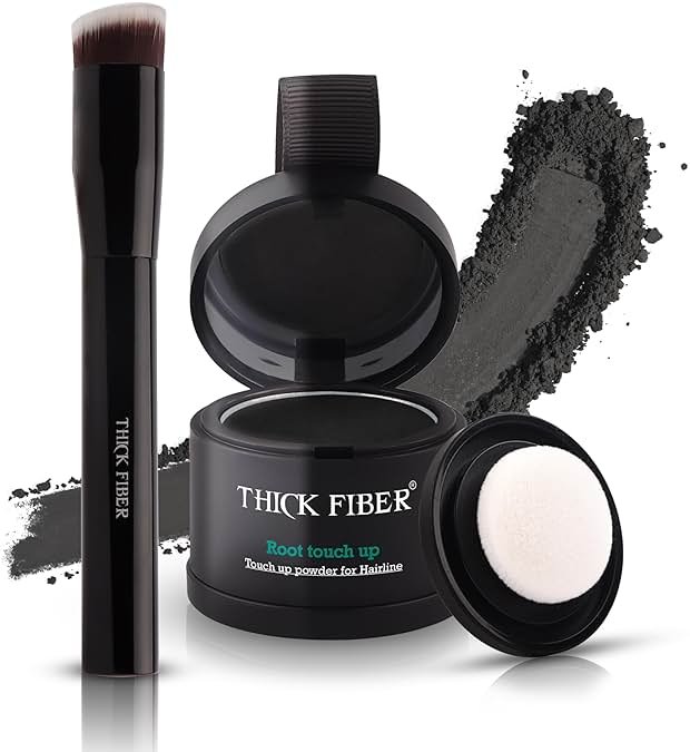 THICK FIBER Root Touch Up Powder - Water & Sweat Resistant Hair Loss Concealer Set for Thinning Hair Women, Includes Brush (Black) - Product Image