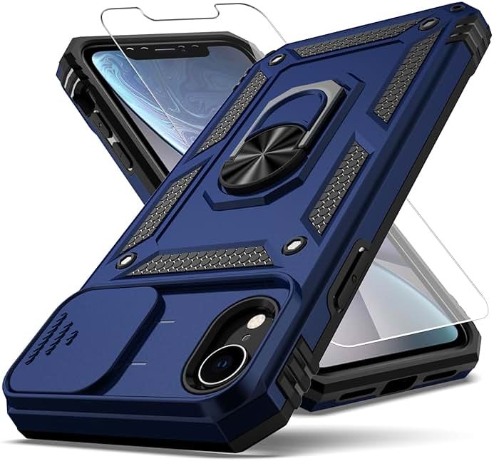 YZOK for iPhone XR Case, Built in Slide Camera Lens Cover+Finger Ring Holder Kickstand+Screen Protector, Heavy Duty Shockproof Full Body Protective Phone Case, Blue - Product Image