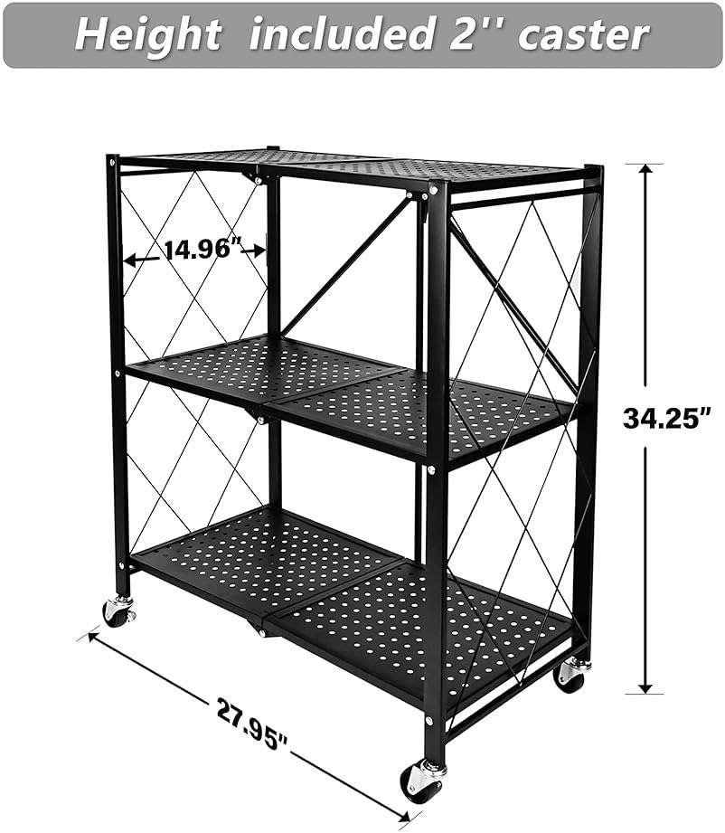 3-Tier Foldable Metal Shelves Heavy Duty Storage Shelving Unit with Wheels, Organizer Shelves for Garage Kitchen, Black - Image 3
