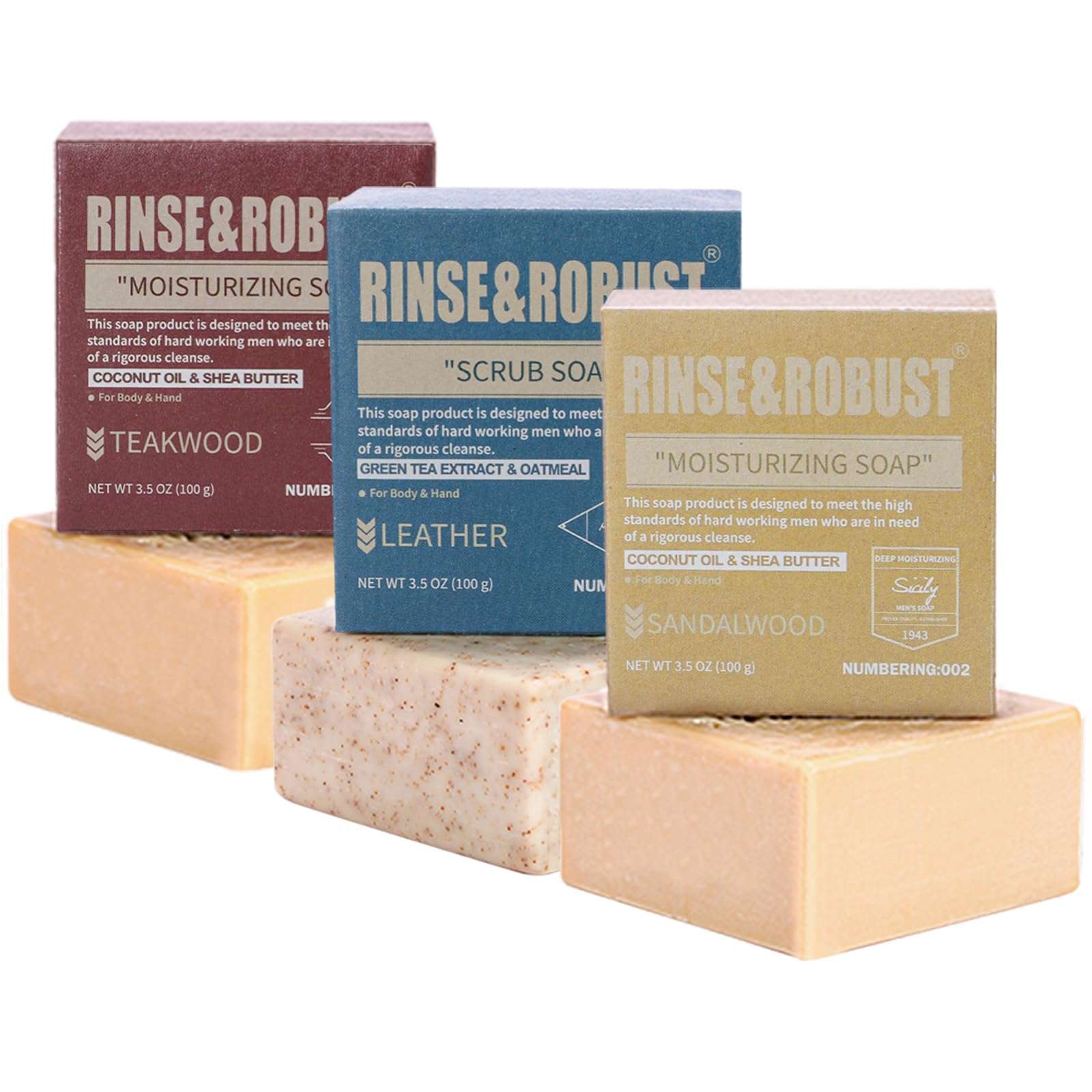Rinse & Robust Mens Bar Soap Bath Bar Soap 3Pack Handmade Natural Soap Bar Set Cleansing Bar Moisturizing&Exfoliating Scrub Soap Gift Set for Men | Leather, Sandalwood, Teakwood | 3.5 oz of 3 Bars - Image 1
