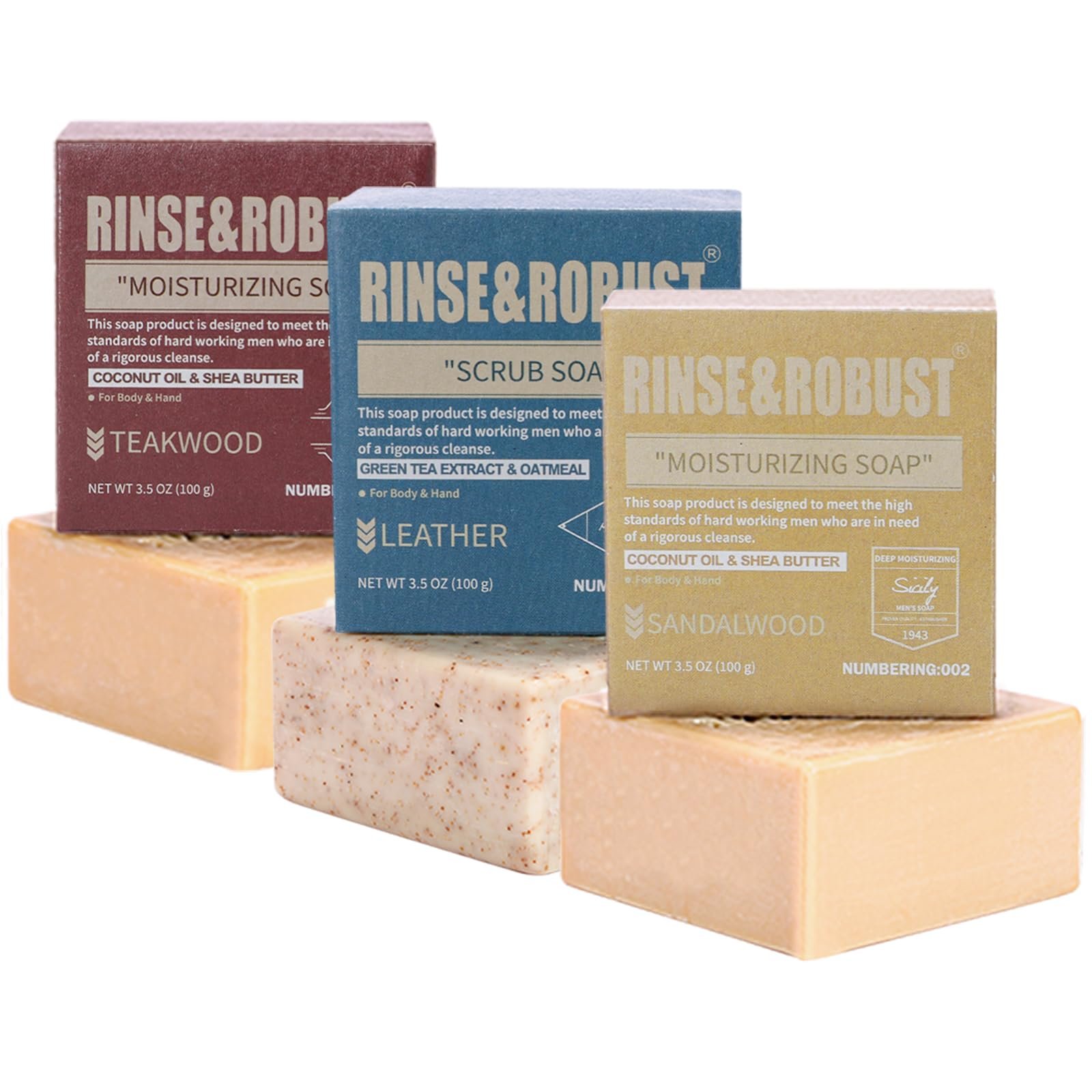 Rinse & Robust Mens Bar Soap Bath Bar Soap 3Pack Handmade Natural Soap Bar Set Cleansing Bar Moisturizing&Exfoliating Scrub Soap Gift Set for Men | Leather, Sandalwood, Teakwood | 3.5 oz of 3 Bars - Product Image