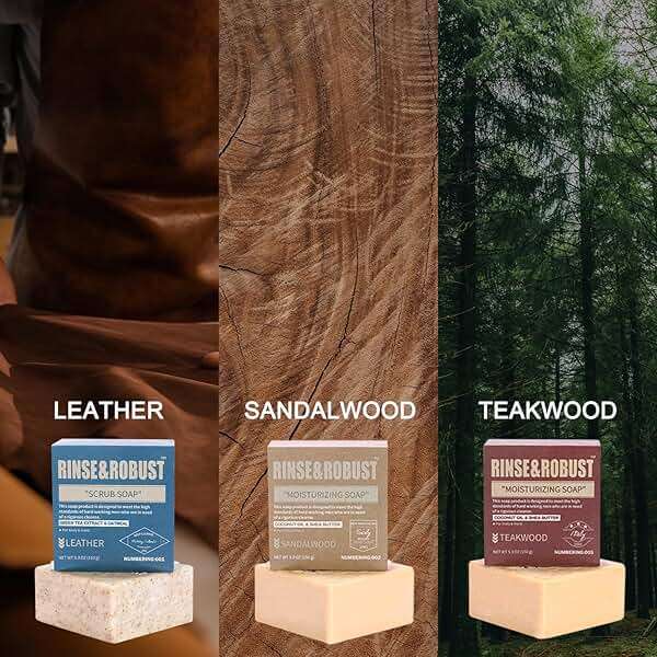 Rinse & Robust Mens Bar Soap Bath Bar Soap 3Pack Handmade Natural Soap Bar Set Cleansing Bar Moisturizing&Exfoliating Scrub Soap Gift Set for Men | Leather, Sandalwood, Teakwood | 3.5 oz of 3 Bars - Image 5