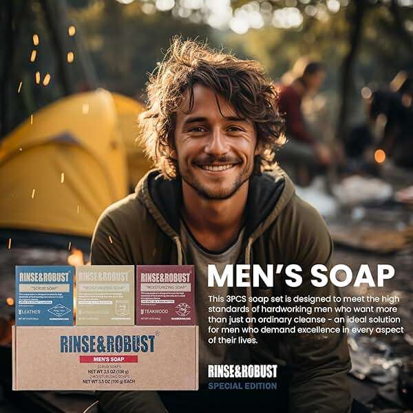 Rinse & Robust Mens Bar Soap Bath Bar Soap 3Pack Handmade Natural Soap Bar Set Cleansing Bar Moisturizing&Exfoliating Scrub Soap Gift Set for Men | Leather, Sandalwood, Teakwood | 3.5 oz of 3 Bars - Image 6