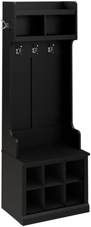 Bush Furniture Woodland 24W Hall Tree and Small Shoe Bench with Shelves in Black Suede Oak | Narrow Foyer, Mudroom, Entryway Storage - Product Image