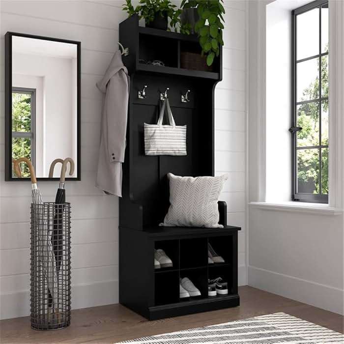 Bush Furniture Woodland 24W Hall Tree and Small Shoe Bench with Shelves in Black Suede Oak | Narrow Foyer, Mudroom, Entryway Storage - Image 2