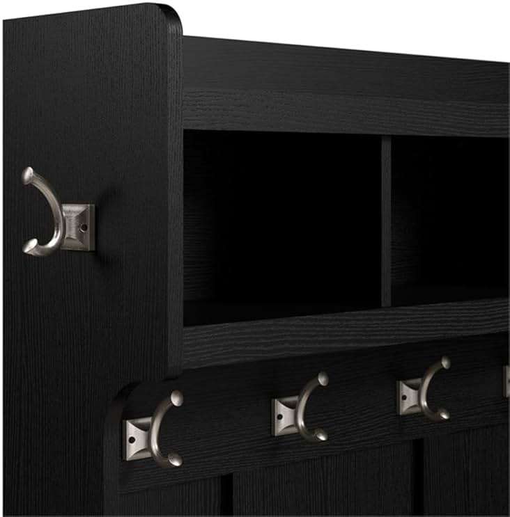 Bush Furniture Woodland 24W Hall Tree and Small Shoe Bench with Shelves in Black Suede Oak | Narrow Foyer, Mudroom, Entryway Storage - Image 4
