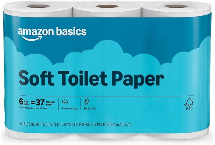 Amazon Basics 2-Ply Soft Toilet Paper, 6 Rolls, 350 Sheets per Roll, Equivalent to 37 Regular Rolls, Septic Safe - Product Image