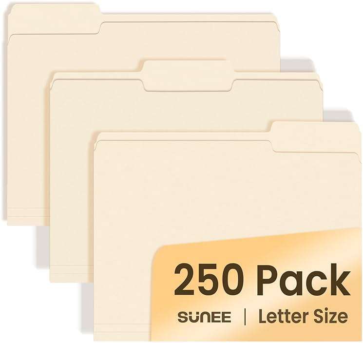 SUNEE Manilla Folders Letter Size (8.5 x 11 inches), 250 Per Box, 1/3 Cut Tab for Easy Labeling and Organization, Durable Standard Paper for Home, Office, School Filing - Image 1
