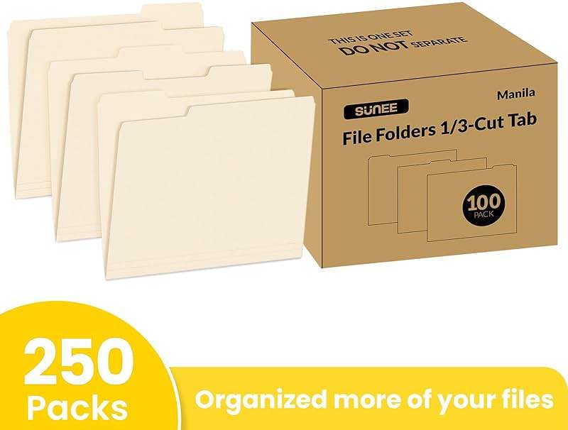 SUNEE Manilla Folders Letter Size (8.5 x 11 inches), 250 Per Box, 1/3 Cut Tab for Easy Labeling and Organization, Durable Standard Paper for Home, Office, School Filing - Image 3