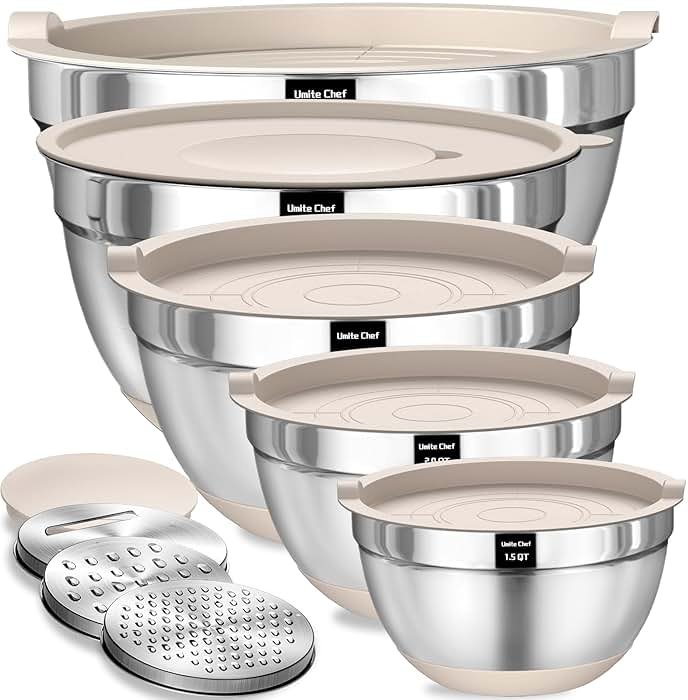 Umite Chef Mixing Bowls with Airtight Lids Set, 8PCS Stainless Steel Nesting Bowls with Grater Attachments, Non-Slip Bottoms, 5, 4, 3.5, 2, 1.5QT for Mixing & Serving - Product Image