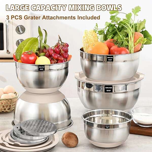 Umite Chef Mixing Bowls with Airtight Lids Set, 8PCS Stainless Steel Nesting Bowls with Grater Attachments, Non-Slip Bottoms, 5, 4, 3.5, 2, 1.5QT for Mixing & Serving - Image 2
