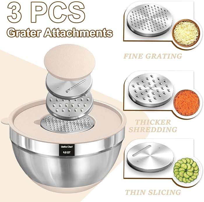 Umite Chef Mixing Bowls with Airtight Lids Set, 8PCS Stainless Steel Nesting Bowls with Grater Attachments, Non-Slip Bottoms, 5, 4, 3.5, 2, 1.5QT for Mixing & Serving - Image 4
