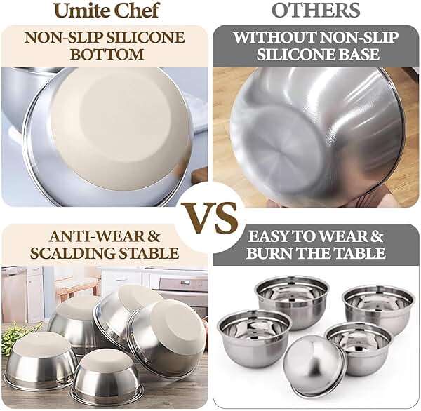 Umite Chef Mixing Bowls with Airtight Lids Set, 8PCS Stainless Steel Nesting Bowls with Grater Attachments, Non-Slip Bottoms, 5, 4, 3.5, 2, 1.5QT for Mixing & Serving - Image 5