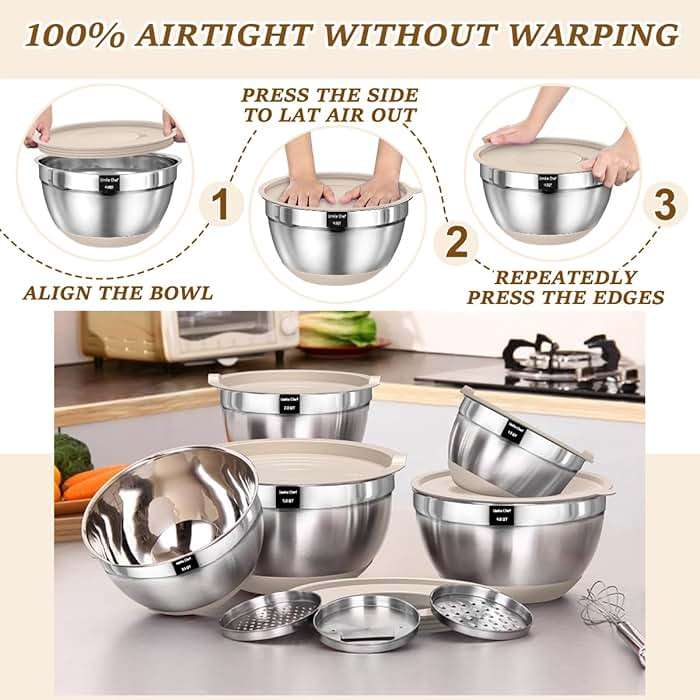 Umite Chef Mixing Bowls with Airtight Lids Set, 8PCS Stainless Steel Nesting Bowls with Grater Attachments, Non-Slip Bottoms, 5, 4, 3.5, 2, 1.5QT for Mixing & Serving - Image 7
